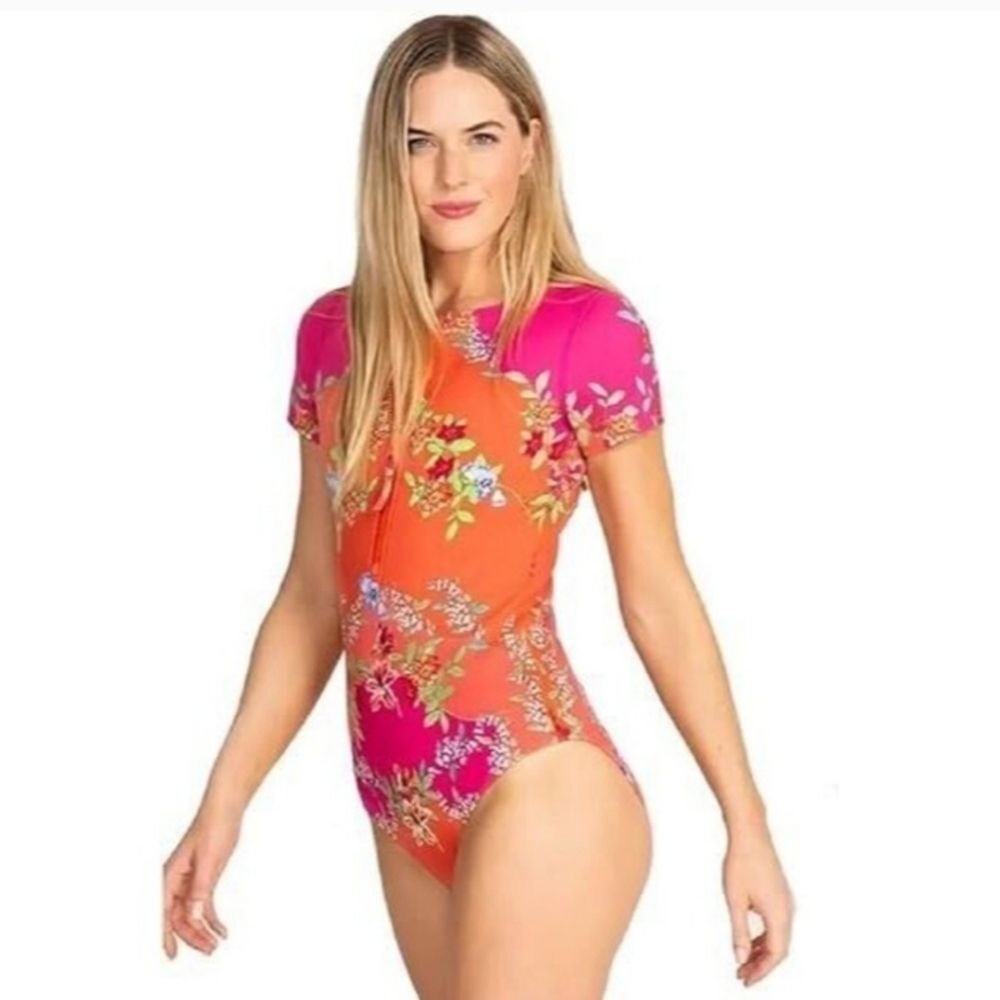 Johnny Was Wave Surf Neoprene One Piece Swimsuit Pink Orange Floral Size XS
